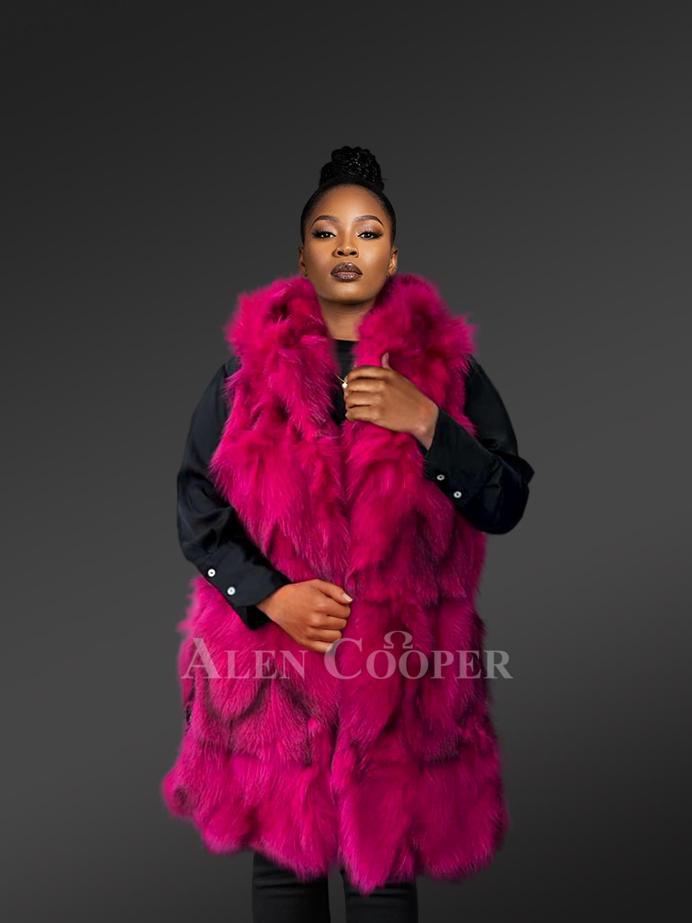 Womens Fuchsia Fox Fur Vestwith Hood – A Statement Piece with Exceptional Warmth - Image 4