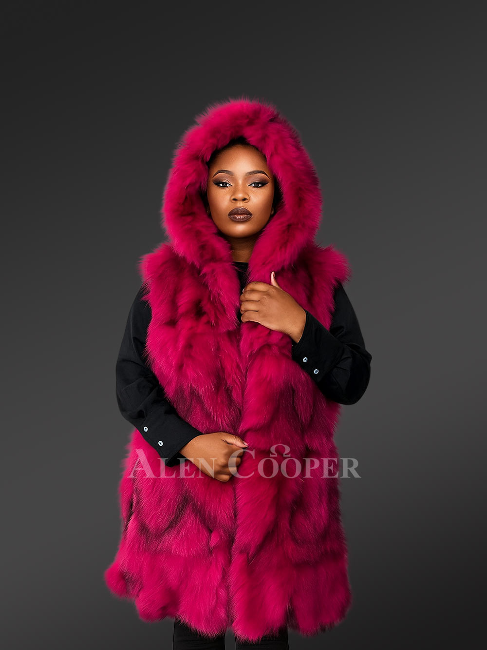 Womens Fuchsia Fox Fur Vestwith Hood – A Statement Piece with Exceptional Warmth - Image 3