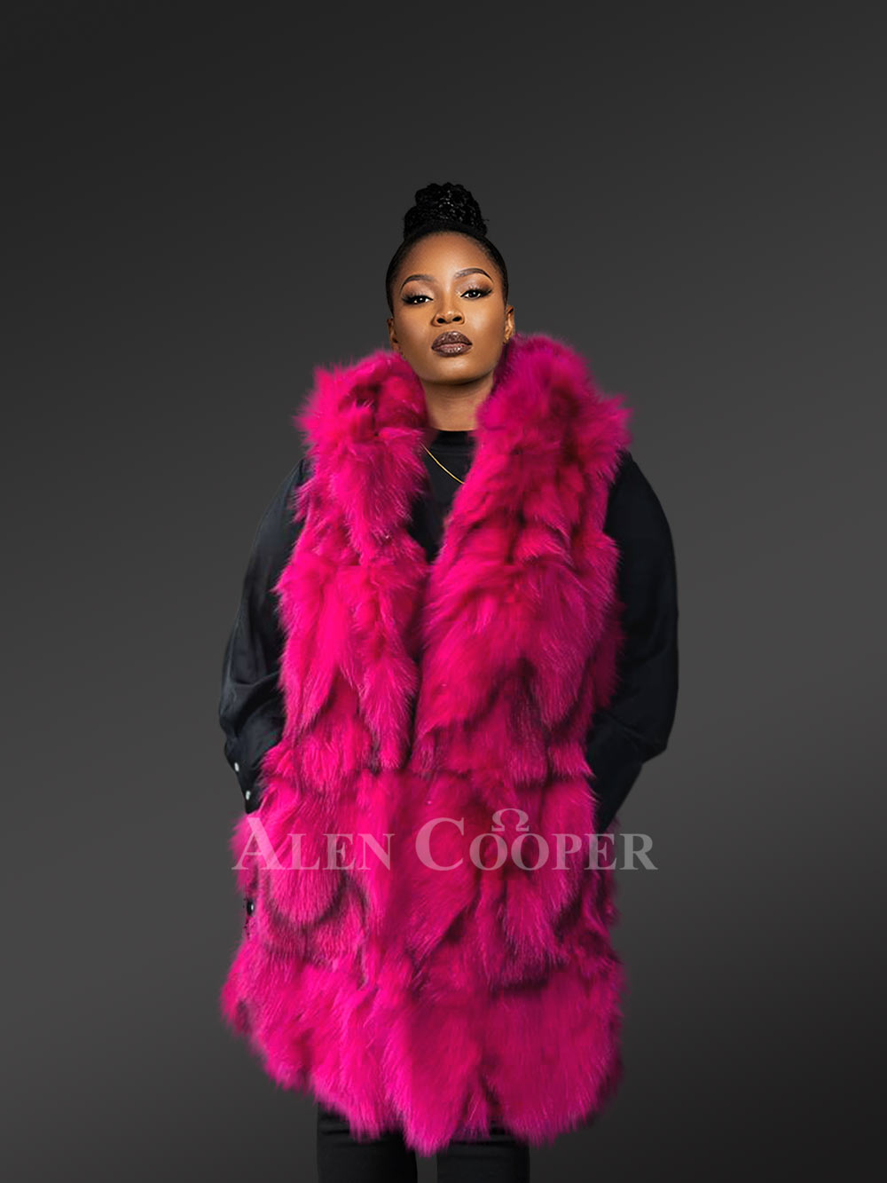 Womens Fuchsia Fox Fur Vestwith Hood – A Statement Piece with Exceptional Warmth - Image 2