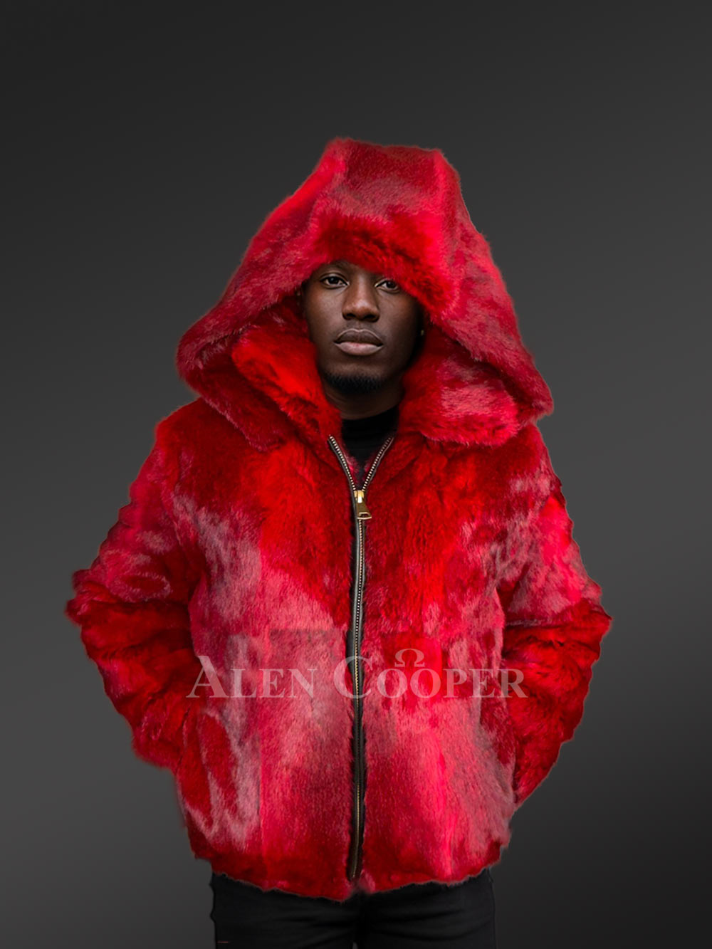 Mens Hare Fur Red Bomber Jacket –Timeless Craftsmanship in Striking Color