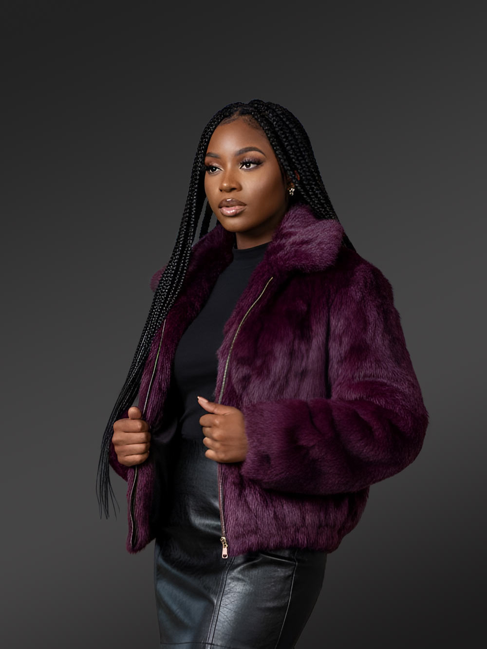 Women’s Rabbit Fur Bomber in Wine (5)