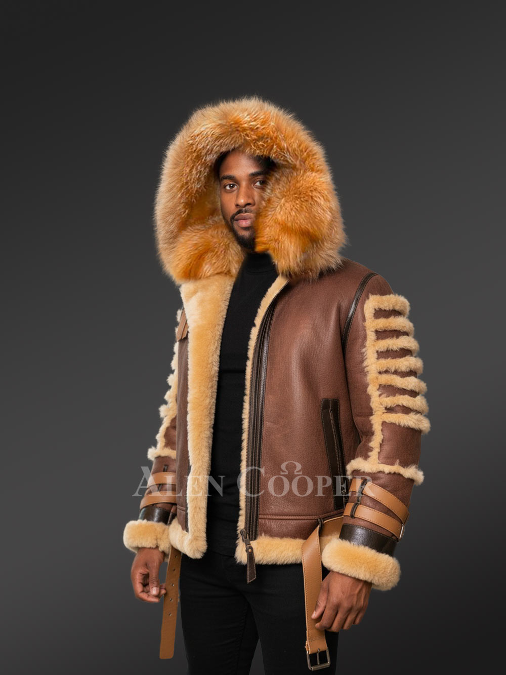 Mens Shearling Bomber Jacket with Hood – Bold Texture Infinite Style - Image 4