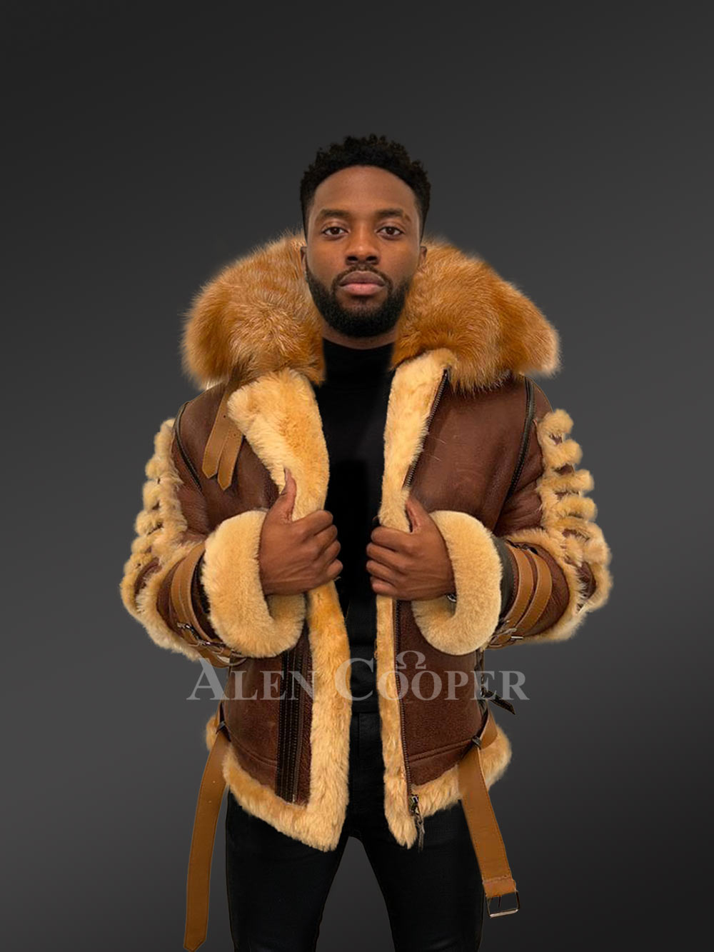 Mens Shearling Bomber Jacket with Hood – Bold Texture Infinite Style - Image 2