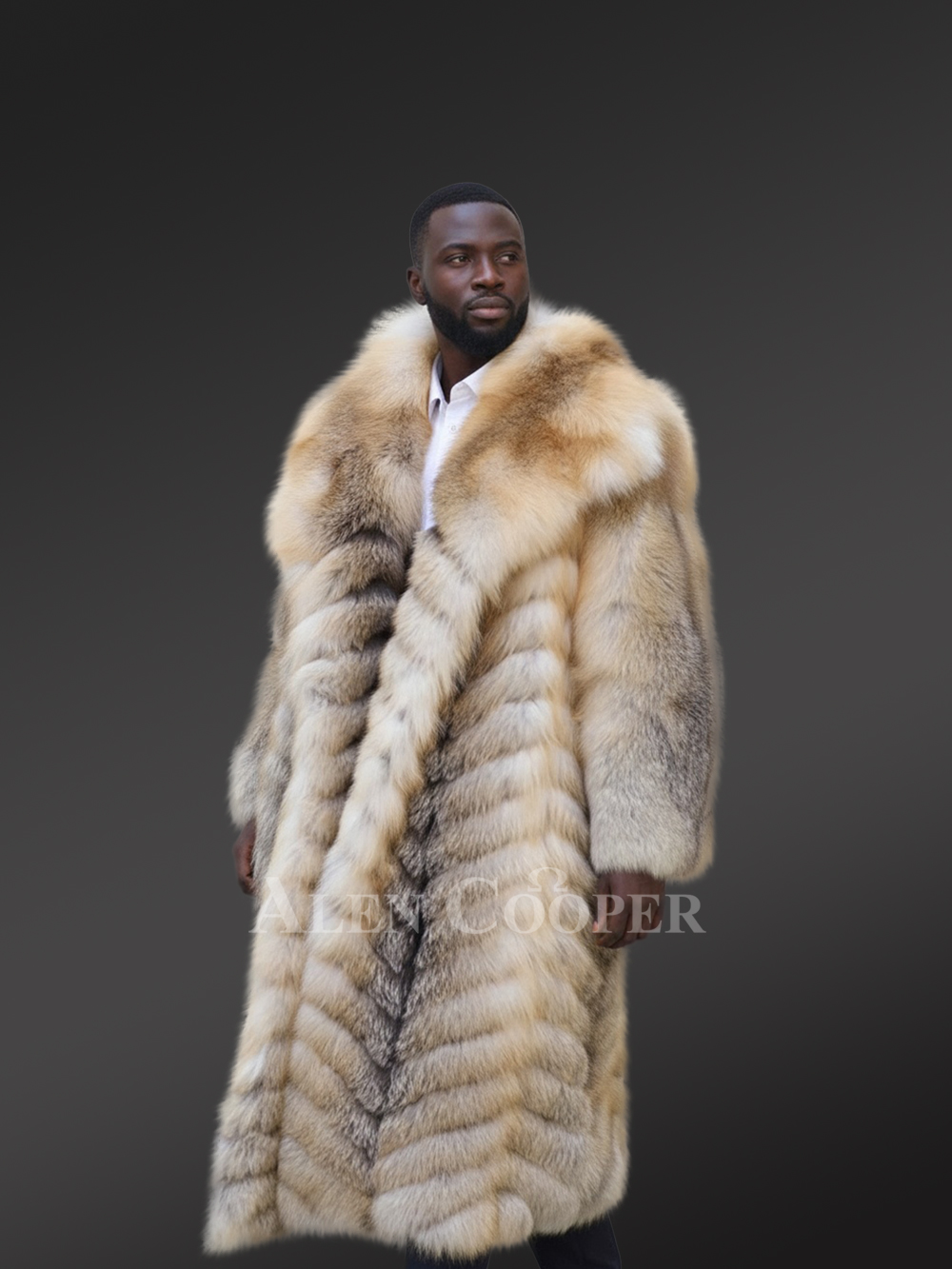 Mens Long Fox Fur Stroller Coat Featuring Herringbone Pattern - Image 2