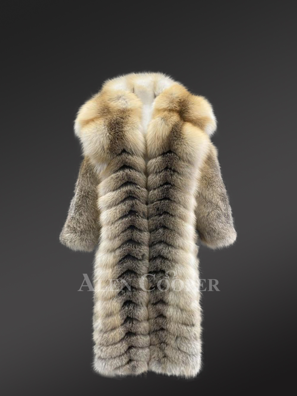 Mens Long Fox Fur Stroller Coat Featuring Herringbone Pattern - Image 4