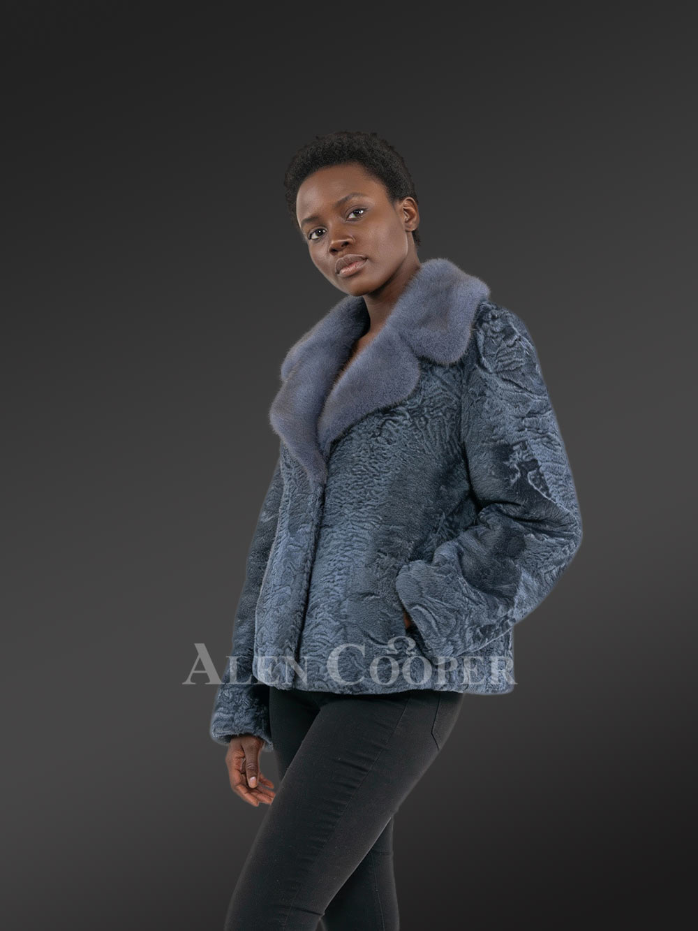 Women’s Lapel Collar Blazer in Persian Lamb with Mink Collar Accent in Grey - Image 2