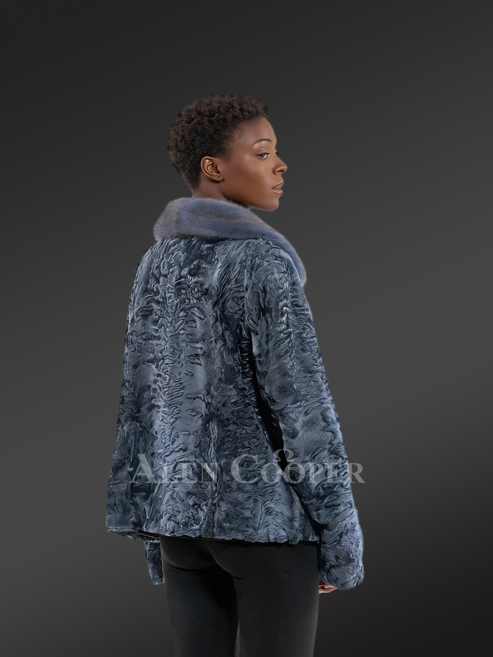 Women’s Lapel Collar Blazer in Persian Lamb with Mink Collar Accent in Grey - Image 6