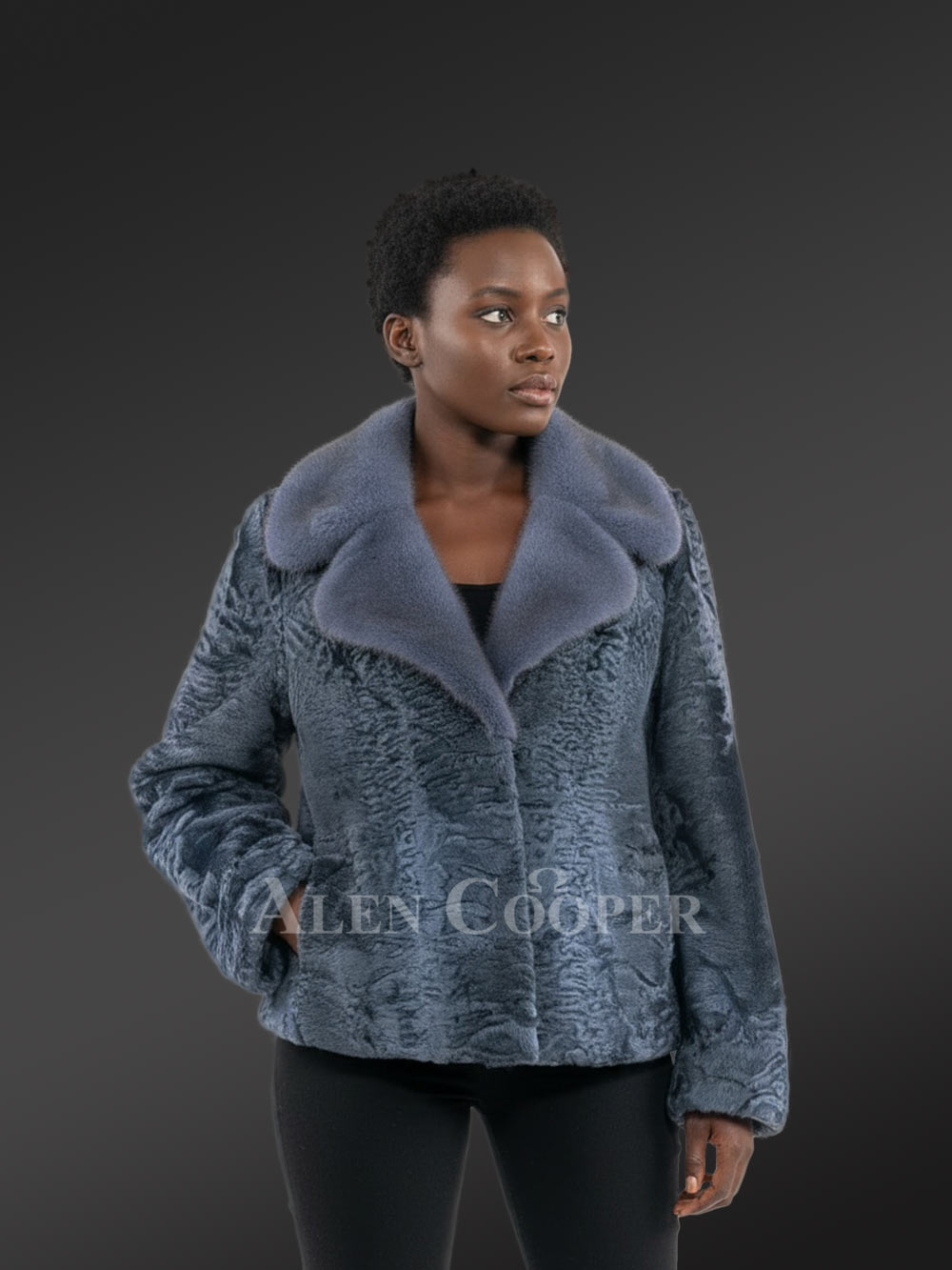 Women’s Lapel Collar Blazer in Persian Lamb with Mink Collar Accent in Grey