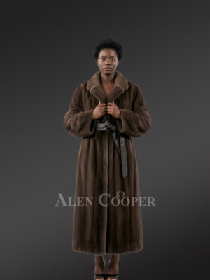 Women’s Mink Long Coat with Belt In Mahoghany Brown
