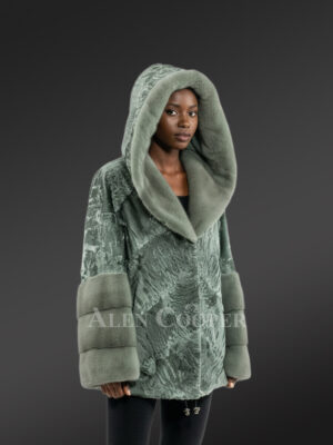 Women’s Persian Lamb Hooded Coat with Mink Collar Accent and Layered Mink Sleeves