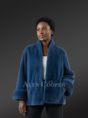 Women’s Short Dressy French Collar Mink Jacket in Blue